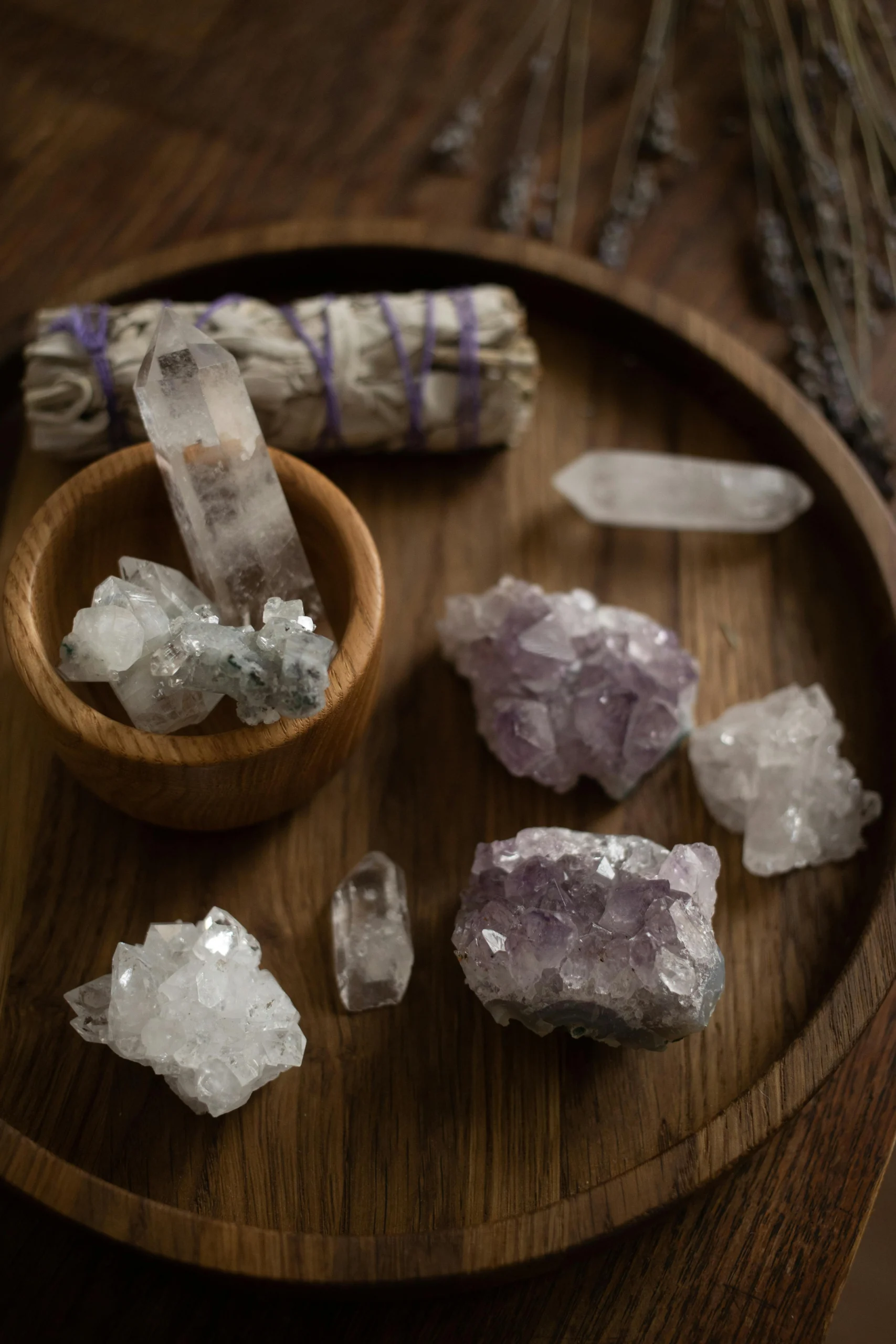 Crystals Stones on a Wooden Tray