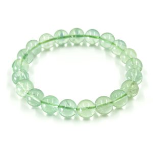 Phantom Green Fluorite bracelet with soft mint green translucent round beads on white background