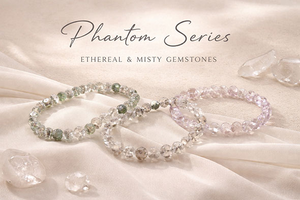 Phantom Series gemstone bracelet collection displayed on soft fabric, featuring translucent phantom quartz beads in gentle natural tones.