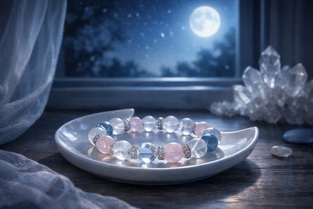 Crystal bracelet resting on a ceramic dish near a window in soft moonlight.