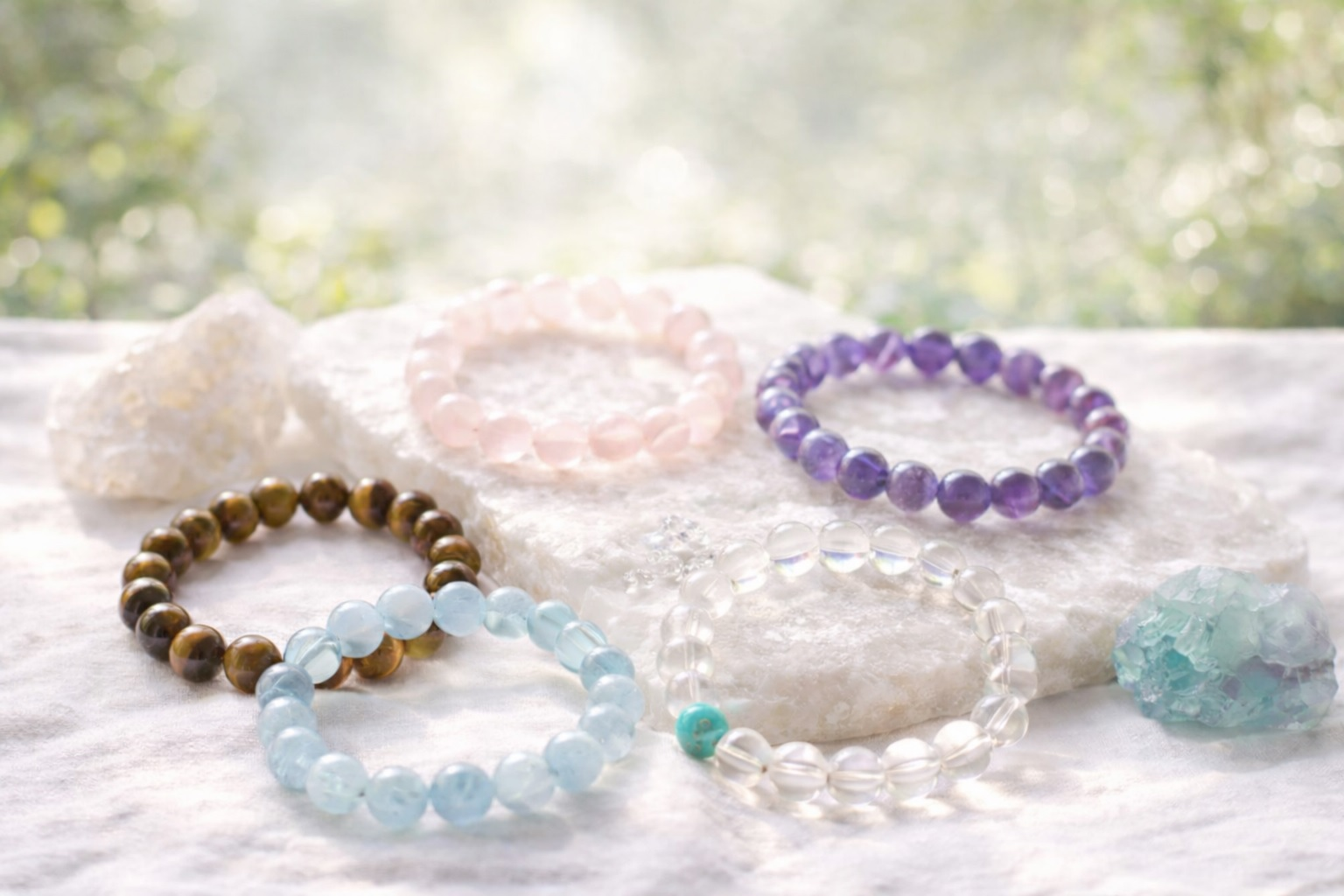 Crystal bead bracelets displayed on a selenite slab in natural light, including rose quartz, amethyst, aquamarine, clear quartz, and tiger’s eye