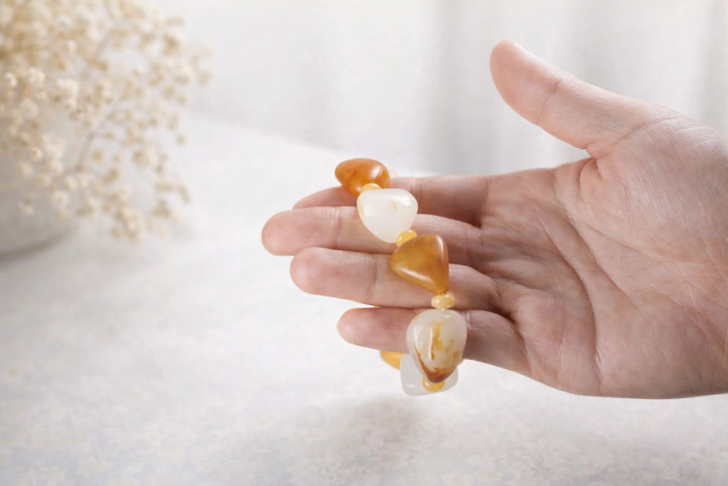Hand holding an amber and jade stone bracelet in soft natural light on a minimalist neutral background.