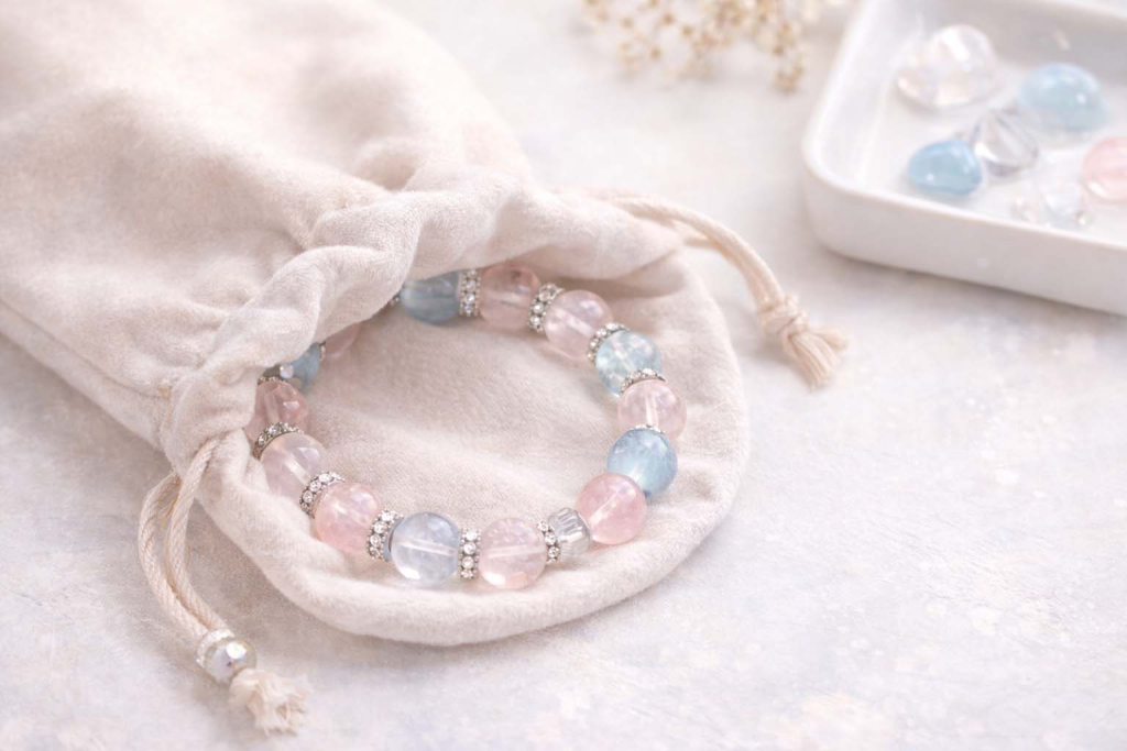 Crystal bracelet stored in a soft pouch to prevent scratches and protect the elastic.